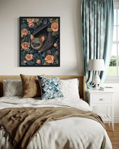 Vista 3 de Póster de Arte de Murciélago, Estilo William Morris Retro de Mediados de Siglo Botánico Victoriano Academia Oscura Decoración Gótica Galería 10a