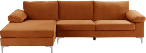 Vista 3 de Casa Andrea Milano Moderno sofá seccional grande en forma de L de terciopelo, con diván extra ancho Naranja