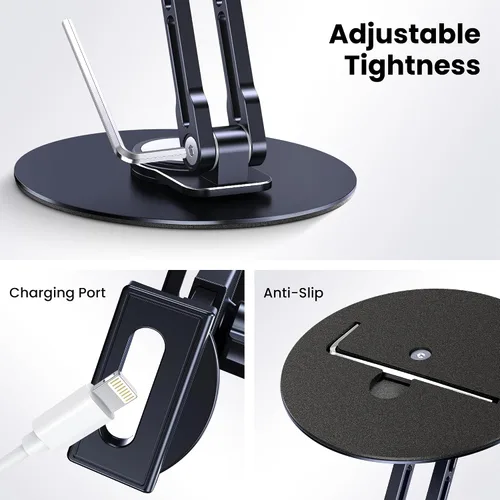 Vista 4 de Soporte para tableta para iPad, ajustable con base giratoria de 360 grados para escritorio, soporte giratorio de aluminio para tableta compatible