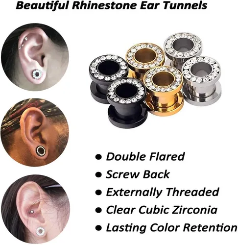 Vista 2 de YOFANST 6pcs Double Flare Stainless Steel Ear Plugs Tunnels with Zircon Ear Gauges Stretcher Body Piercing Jewelry for Women Men 8g-916