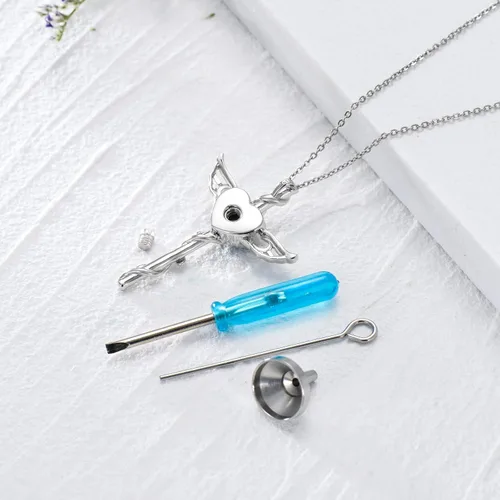 Vista 3 de Angel Necklace 925 Sterling Silver OpalMoonstoneBlue Crystal Angel Wings Cross Urn Pendant Necklace Hypoallergenic Moonstone Angel Cross Pendant