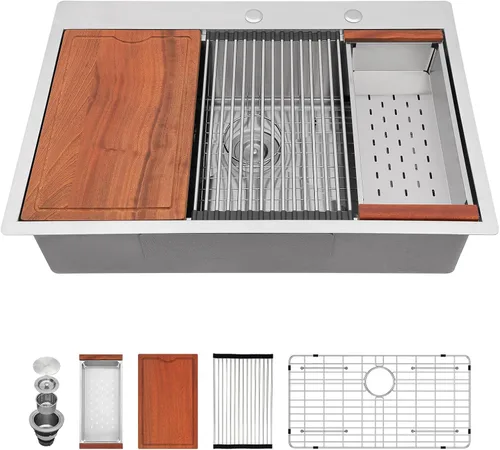 Vista 17 de Fregadero de cocina negro de 30"x19", estación de trabajo con revestimiento nano, acero inoxidable 304 calibre 16, hecho a mano, montaje superior
