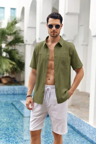 Vista 5 de Camisa de lino de manga corta para hombre, con botones, cuello extendido, para vacaciones, playa