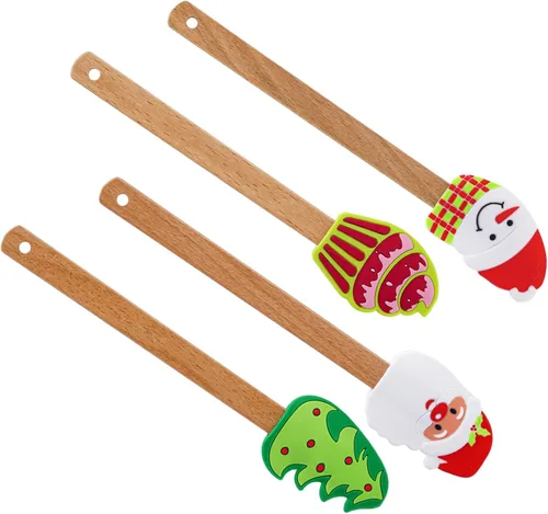 Vista 7 de 4 espátulas de silicona de Navidad con mango de madera, espátula de pastel de Navidad, muñeco de nieve, árbol de Navidad, patrón de Papá Noel