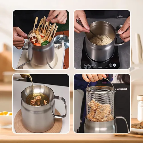Vista 3 de Olla de Freidora Profunda de Acero Inoxidable 304 de 50oz con Cesta y Colador, Recipiente de Gran Capacidad para Grasa de Tocino para Cocina