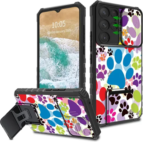 Vista 14 de FUYOCWE Funda para Samsung Galaxy S22 Ultra con cubierta para cámara deslizante, resistente Defender Kickstand Protector de lente de cámara Funda