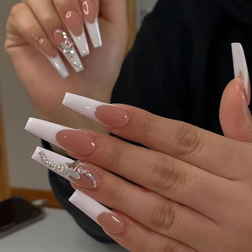 Vista 14 de 24 uñas postizas cuadradas de color negro brillante, de cobertura completa, con diseños de notas musicales, uñas postizas acrílicas con pegamento