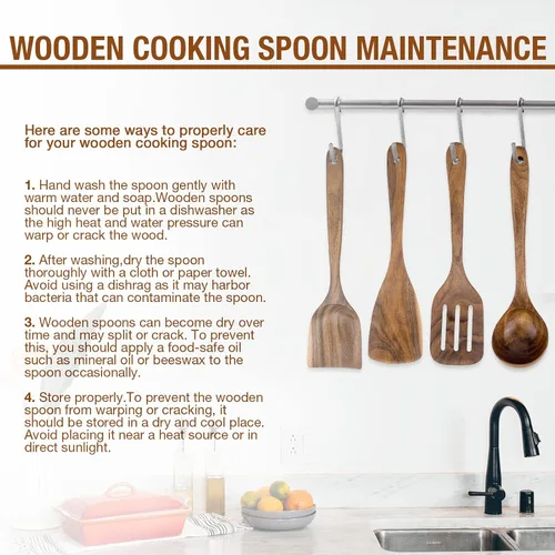 Vista 6 de Cuchara de madera de teca prémium para cocinar, juego de utensilios de cocina de madera antiadherentes de 10 piezas, cucharas de madera resistentes