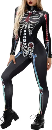 Vista 2 de Enterizo de Halloween con estampado 3D de calavera de esqueleto para mujer, disfraz de cosplay