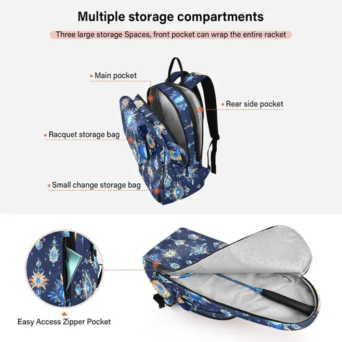 Vista 5 de Tenni - Bolsa de raqueta de bádminton bonita y resistente con joyas brillantes azules y doradas, bolsa de gimnasio para mujeres, hombres