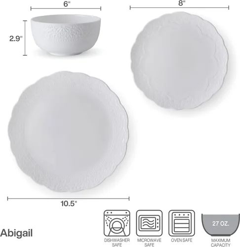 Vista 4 de Mikasa Abigail Bone China - Juego de vajilla ligera de 12 piezas resistente a las astillas, servicio para 4, color blanco
