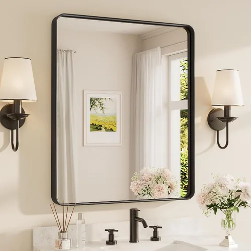 Vista 14 de Espejo de marco dorado cepillado de 16 x 24 pulgadas, espejo de tocador de baño de latón dorado para pared, espejo enmarcado rectangular de esquina