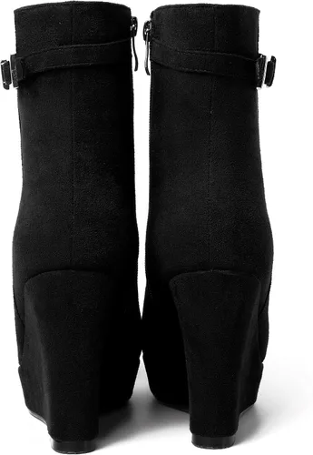 Vista 4 de MERRORI Bukle - Botas altas de tacón alto para mujer, puntera redonda, plataforma de gamuza sólida, de 4 pulgadas