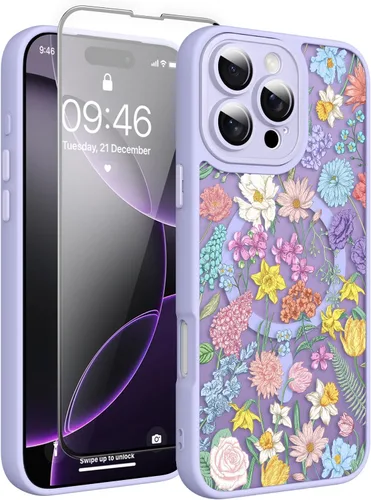 Vista 32 de Magnético para iPhone 13 con protector de pantalla [Compatible con MagSafe] Diseño de patrón floral de flores bonitas, funda delgada a prueba