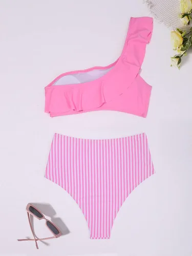 Vista 2 de Cozyease Traje de baño de cintura alta con volantes a rayas para mujer