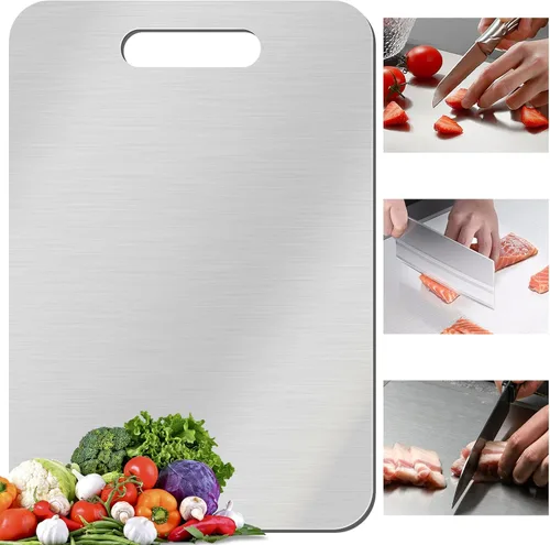 Vista 8 de Tablas de cortar de acero inoxidable de titanio para cocina, doble cara 11.8 x 7.87 pulgadas, grado alimenticio, para cortar verduras y carne