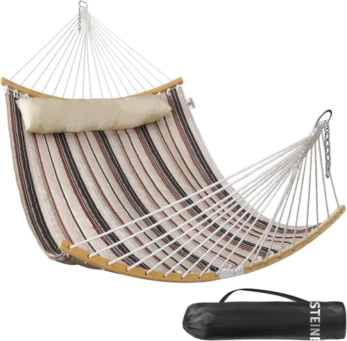 Vista 13 de Hamaca doble, hamaca de tela acolchada de 11 pies para 2 personas para exteriores con almohada, barra separadora curvada plegable, cadenas, bolsa