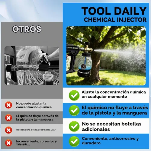 Vista 4 de Herramienta inyector químico diario para lavadora a presión, 3 varillas curvadas, boquilla de jabón
