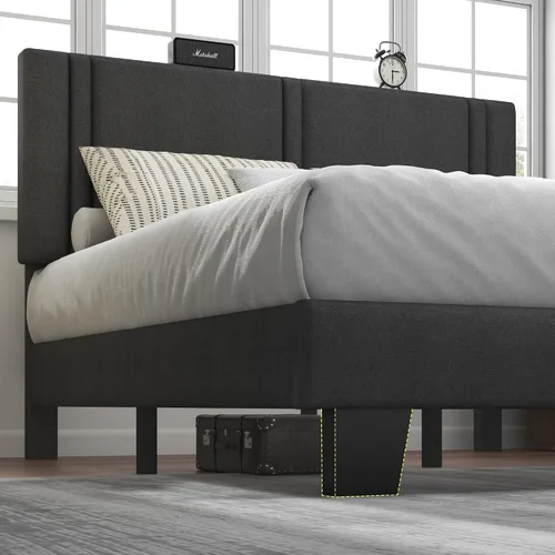 Vista 5 de Feonase Marco de cama de plataforma de tamaño completo, marco de cama tapizado de tela con respaldo alado, listones de madera maciza y soporte