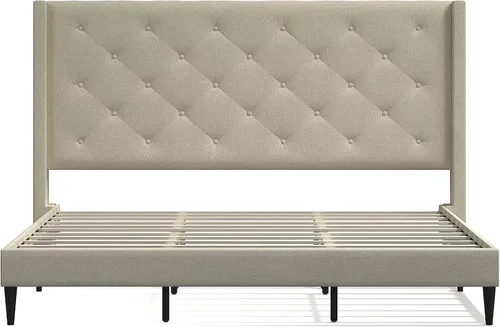 Vista 3 de Glenwillow Home Huppe - Marco de cama tapizado con plataforma MCM con botones, base de colchón, no necesita somier, fácil montaje, beige, tamaño King