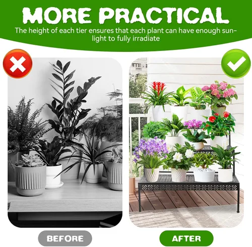 Vista 5 de Soporte de metal para plantas de 3 niveles, soporte para macetas de flores, soporte para plantas escalonadas, organizador de almacenamiento al aire