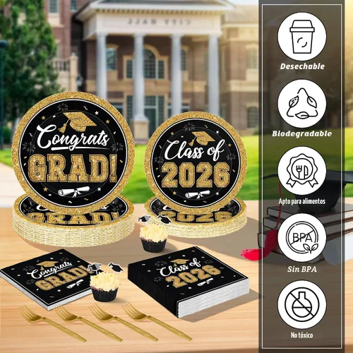 Vista 4 de QZYL 200 suministros para fiesta de graduación 2026, platos y servilletas de graduación negros y dorados, platos de postre desechables y tenedores