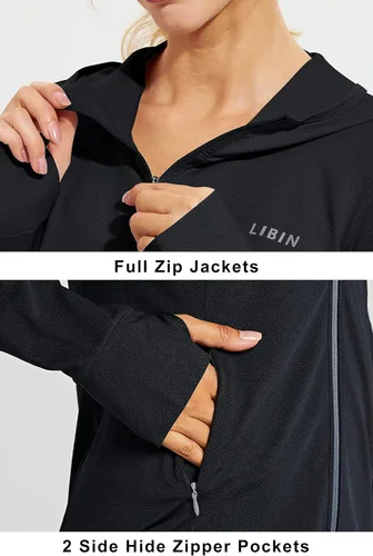 Vista 3 de Libin sudadera con capucha para mujer, con cremallera completa, UPF 50+, capucha con protección solar, de manga larga, para senderismo