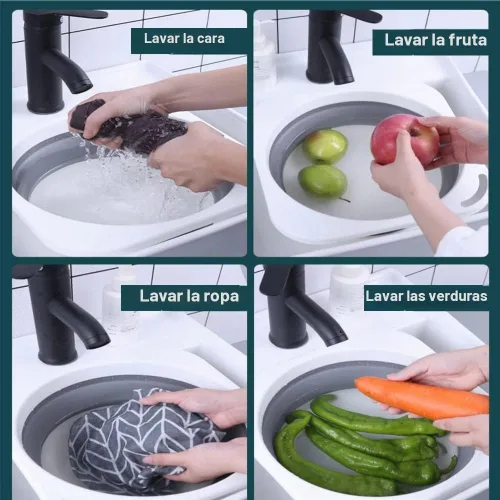 Vista 4 de Lavabo de plástico plegable de 5 litros (1.4 galones), bandeja de cocina, bañera pequeña con floding, cubo de plástico que ahorra espacio para Azul
