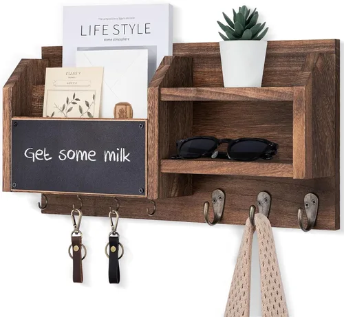 Vista 11 de Lwenki Soporte para llaves y correos – Colgador de pared para llaves con estante y 7 ganchos de metal – Organizador decorativo de entrada de madera