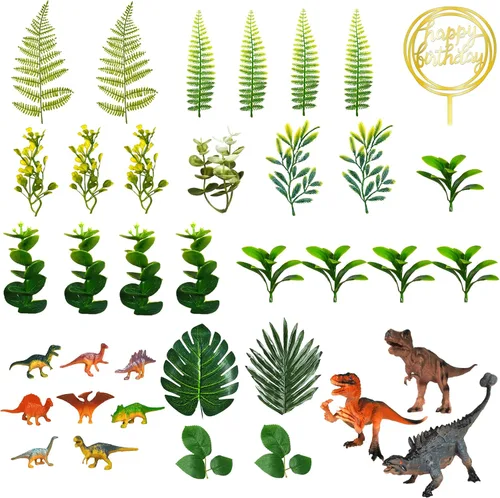 Vista 3 de Decoración de pastel de dinosaurio, plantas de selva, figuras de dinosaurio