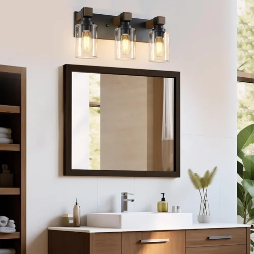 Vista 2 de Accesorios de iluminación de baño de granja, luces de tocador rústicas de 3 luces en madera para baño, iluminación de apliques de pared vintage