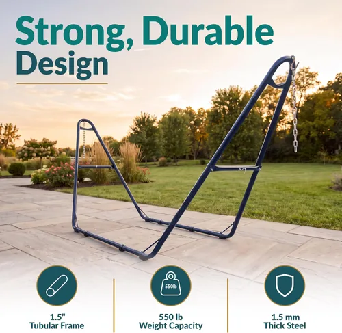 Vista 2 de Sunnydaze soporte para hamaca universal multiuso de acero resistente de 550 libras de capacidad, para 2 personas, para hamacas de 9 a 14 pies de Azul