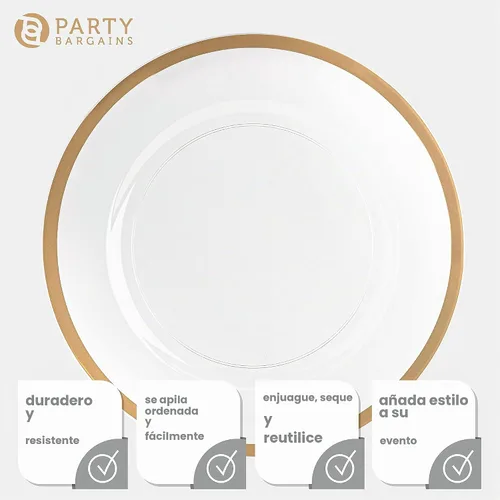 Vista 3 de PARTY BARGAINS Placas de carga de 13 pulgadas, paquete de 4, borde dorado transparente, cargadores desechables resistentes para comedor elegante Un