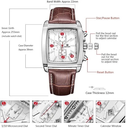 Vista 4 de MEGIR Casual Leather Strap Watch for Men Fashion Military Sports Classic Quartz Watches Waterproof Chronograph Wristwatch with Auto Date