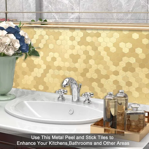Vista 4 de BeNice Pelar y pegar Backsplash Cocina Hexágono Metal Azulejo Oro 5pcs Dorado