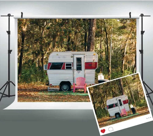 Vista 8 de Fondo de campamento para fiesta, campamento, 5 x 3 pies, bosque soleado, caravana, remolque, paisaje de naturaleza, fotografía de fondo, utilería