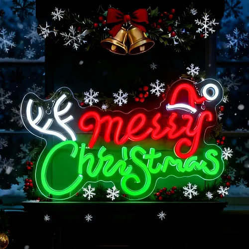 Vista 8 de Letrero de neón de Feliz Navidad, letreros de neón regulables JGHTURIE para decoración de pared, letrero iluminado para fiesta de Navidad, bar