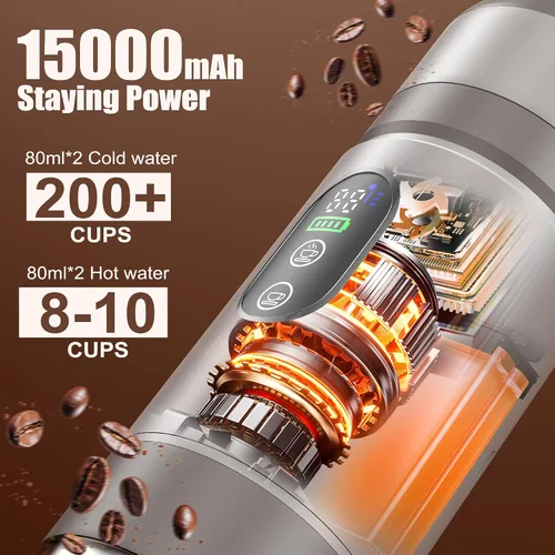 Vista 10 de Cafetera Portátil para Café con 2 Baterías Recargables, 8 Tazas, 20 bares, USB-C, Cafetera de Espresso para Camping, Viaje, Oficina, Compatible
