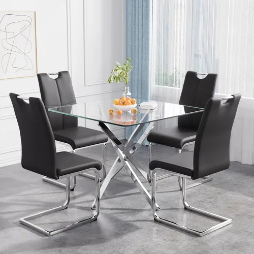 Vista 33 de Juego de mesa de comedor de 36 pulgadas para 4, moderna parte superior cuadrada de vidrio templado, mesa de patas de acero inoxidable con acabado