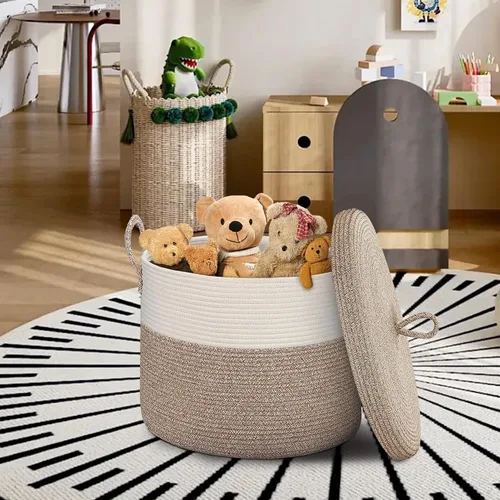 Vista 3 de Cesta de almacenamiento grande de 18" X 18" X 14" con tapa, cesta para mantas de sala de estar, caja de almacenamiento de cuerda de algodón tejida