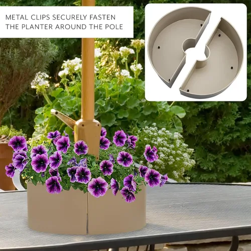 Vista 7 de AuldHome Design Maceta de Sombrilla para Mesa de Patio (Beige/Greige), con Agujero para Sombrilla, Macetas de Medio Círculo de Esmalte Negro