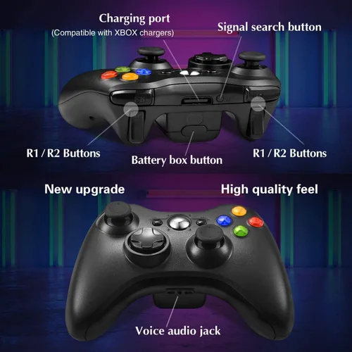 Vista 2 de Etpark Xbox 360 - Controlador inalámbrico para Xbox y Slim 360 PC Windows 7 8 10 24 GHZ color negro