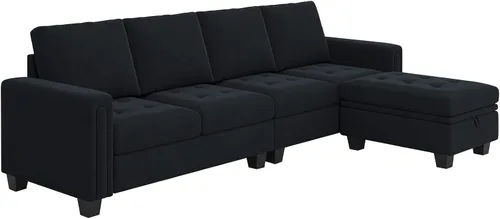 Vista 8 de Belffin Sofá seccional reversible de terciopelo con diván convertible en forma de L de 4 asientos, sofá seccional con almacenamiento otomano