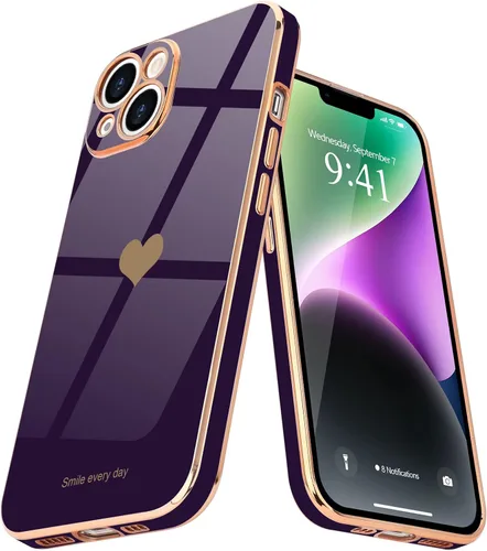 Vista 12 de Teageo - Funda para iPhone 14 Plus para mujeres y niñas, diseño de corazón de amor, color negro Luxury Plating Soft Bling Back Cover Raised Full