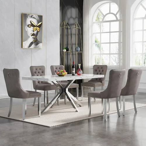 Vista 17 de HomVent Juego de mesa de comedor rectangular para 4, juego de mesa de cocina rectangular, juego de mesa de comedor de mármol sintético, juego