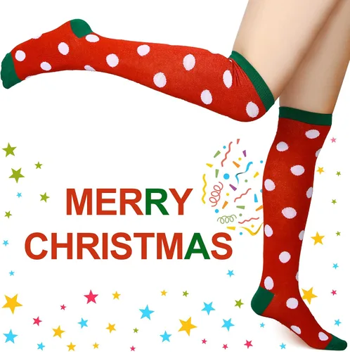 Vista 4 de SATINIOR 4 pares de calcetines altos hasta la rodilla, calcetines de Navidad con lunares hasta la rodilla, para mujeres y niñas, accesorios