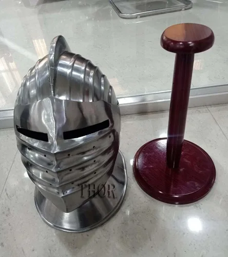 Vista 3 de THOR INSTRUMENTS Casco medieval vintage plata bascinet cerdo armadura cara casco Halloween recreación réplica con soporte