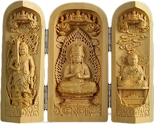 Vista 10 de Caja de oración de budismo tibetano tallado en madera de boj natural (1000 brazos Avalokiteshvara Diosa)