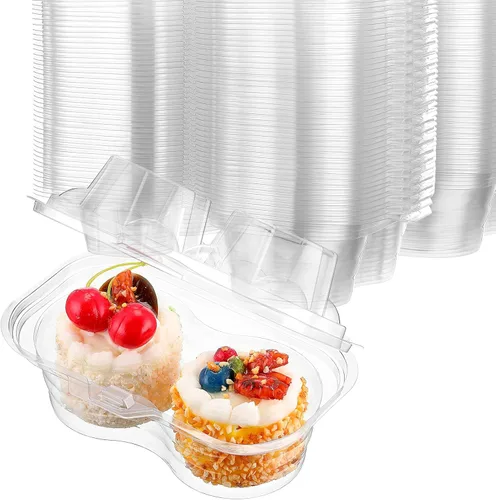 Vista 8 de Eaasty 100 recipientes de plástico con 2 compartimentos para cupcakes, caja de soporte para cupcakes profundos con tapas, contenedor apilable