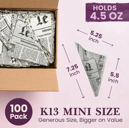 Vista 5 de Friteshop LeMende - Conos de papel de periódico francés – Vasos desechables para servir aperitivos – K13, 4.5 oz Mini Snacks – 100 unidades Le